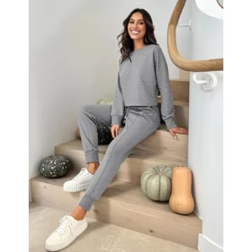 ZESICA Women's Long Sleeve Crop Top and Pants Pajama Sets 2 Piece Jogger Long Sleepwear Loungewear Pjs Sets,Grey,Small