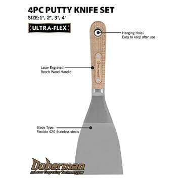 ROLLINGDOG 4PC Putty Knife Scrapers - Stainless Steel Spackle Knife Set with Laser Engraved Wood Handle for Scrapering,Drywall Repairs and Spreading(1",2",3",4")