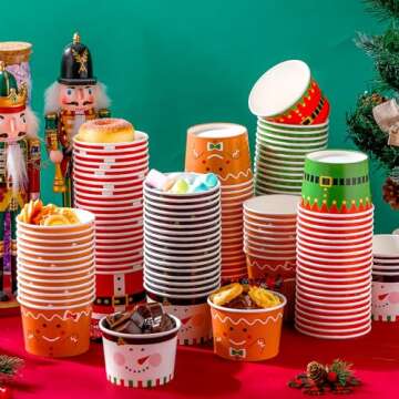 Zhehao 120 Pcs 9 oz Christmas Ice Cream Bowls Ice Cream Paper Cups Disposable Soup Cups Snack Cups for Picnic Party Decorations for Fruit Hot or Cold Food, Christmas Party Supplies, 6 Styles