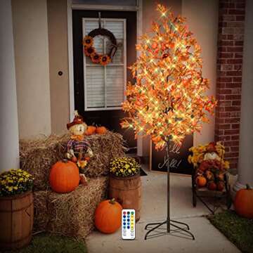 6FT 144 LED Lighted Maple Tree - Thanksgiving Decor Artificial Fall Tree, 288 Leaves 4 Acorns 4 Pump...