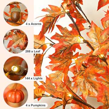6FT 144 LED Lighted Maple Tree - Thanksgiving Decor Artificial Fall Tree, 288 Leaves 4 Acorns 4 Pumpkin, Remote 8 Flashing Modes, Timing, DC 5V Safe for Indoor Outdoor Wedding Party Autumn Decor…