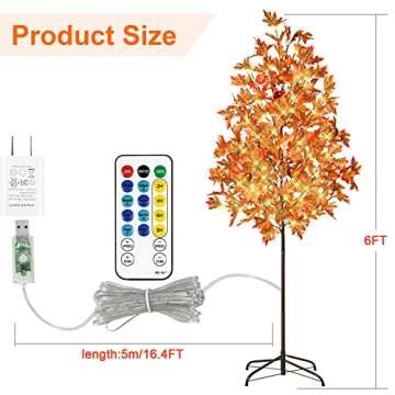 6FT 144 LED Lighted Maple Tree - Thanksgiving Decor Artificial Fall Tree, 288 Leaves 4 Acorns 4 Pumpkin, Remote 8 Flashing Modes, Timing, DC 5V Safe for Indoor Outdoor Wedding Party Autumn Decor…