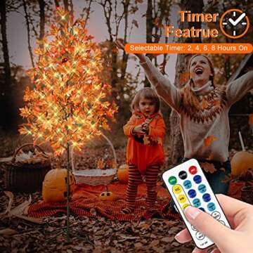 6FT 144 LED Lighted Maple Tree - Thanksgiving Decor Artificial Fall Tree, 288 Leaves 4 Acorns 4 Pumpkin, Remote 8 Flashing Modes, Timing, DC 5V Safe for Indoor Outdoor Wedding Party Autumn Decor…