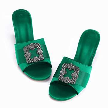 Womens Chunky Block Heel Mules Dressy Sandals Open Toe Rhinestone Jeweled Low Heeled Wedding Slide Shoes