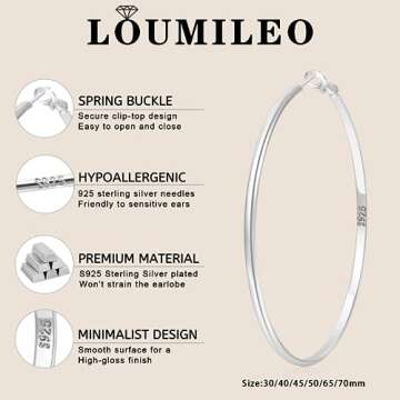 LOUMILEO 925 Sterling Silver Hoop Earrings Big Silver Hoop Earrings Hypoallergenic Large Thin Hoop Earrings for Women Lightweight Silver Hoops Earrings for Women (65mm)