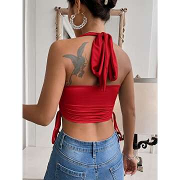 OYOANGLE Women's Solid Drawstring Ruched Tie Backless Slim Fit Halter Crop Top Red S
