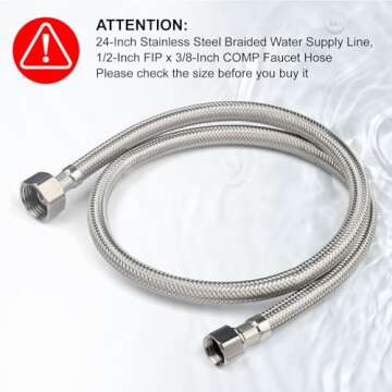 Midanya Faucet Supply Lines,24" Stainless Steel Braided Water Supply Line, 1/2" FIP x 3/8" COMP Faucet Hose, Faucet Hose Connector x 2 Pcs (1 Pair)