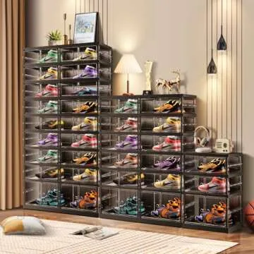 CIMLORD 6 Tier Foldable Shoe Rack for Closet Entryway 6-12 Pairs Stackable Clear Shoe Storage Boxes with Lids Shoes Shelf with Door Plastic Organizer Cabinet Easy Assembly Black