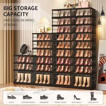 CIMLORD 6 Tier Foldable Shoe Rack for Closet Entryway 6-12 Pairs Stackable Clear Shoe Storage Boxes with Lids Shoes Shelf with Door Plastic Organizer Cabinet Easy Assembly Black
