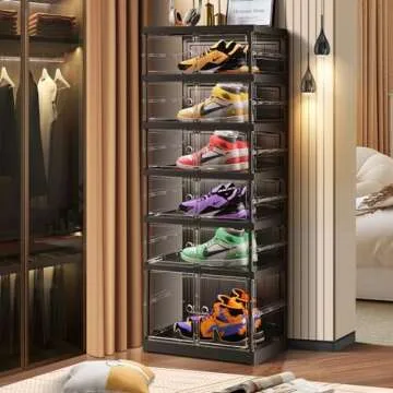 CIMLORD 6 Tier Foldable Shoe Rack for Closet Entryway 6-12 Pairs Stackable Clear Shoe Storage Boxes with Lids Shoes Shelf with Door Plastic Organizer Cabinet Easy Assembly Black