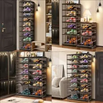 CIMLORD 6 Tier Foldable Shoe Rack for Closet Entryway 6-12 Pairs Stackable Clear Shoe Storage Boxes with Lids Shoes Shelf with Door Plastic Organizer Cabinet Easy Assembly Black