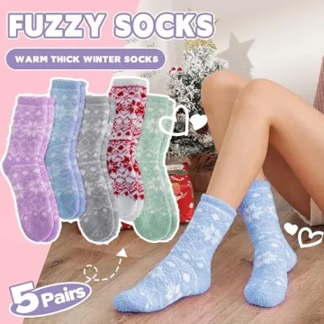Welwoos Fuzzy Socks for Women Men Winter Slipper Warm Fluffy Thick Cozy Comfy Sleep Plush Gift Socks Stocking Stuffers 5 Pairs(Snowflake,Medium)