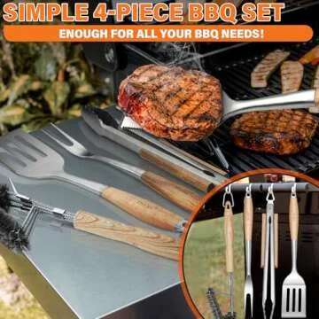 TIVOLI Grill Set 4PC BBQ Tools Set Grill Accessories with BBQ Spatula, BBQ Clips, Brushes, BBQ Forks Heavy Duty Grill Kit Grill Tools for Outdoor Grill with Wood Handles Gift Ideas for Dad Man