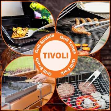 TIVOLI Grill Set 4PC BBQ Tools Set Grill Accessories with BBQ Spatula, BBQ Clips, Brushes, BBQ Forks Heavy Duty Grill Kit Grill Tools for Outdoor Grill with Wood Handles Gift Ideas for Dad Man