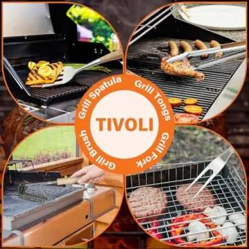 TIVOLI Grill Set 4PC BBQ Tools Set Grill Accessories with BBQ Spatula, BBQ Clips, Brushes, BBQ Forks Heavy Duty Grill Kit Grill Tools for Outdoor Grill with Wood Handles Gift Ideas for Dad Man