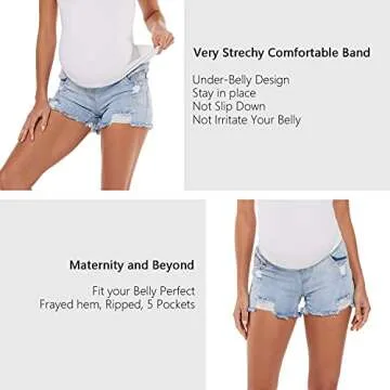 V VOCNI Maternity Shorts Denim Women's Maternity Indigo Blue Mom Tassel Secret Underbelly Jeans Shorts B-Light Blue Medium
