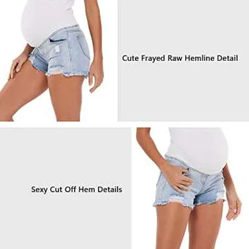 V VOCNI Maternity Shorts Denim Women's Maternity Indigo Blue Mom Tassel Secret Underbelly Jeans Shorts B-Light Blue Medium