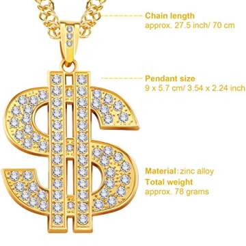 6 Pieces Gold Plated Chain Dollar Necklace for Men with Dollar Sign Pendant Necklace, Hip Hop Dollar Necklace (6 Pieces)