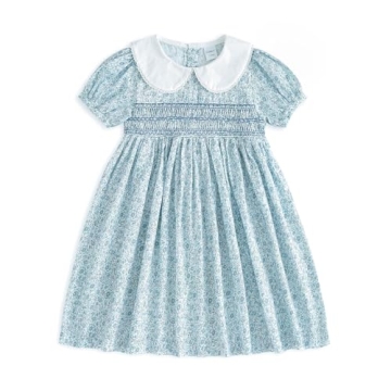 Curipeer Little Girls Summer Floral Dress Handmade Smocking Short Sleeve Summer Beach Dress Blue 12M