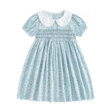 Curipeer Little Girls Summer Floral Dress Handmade Smocking Short Sleeve Summer Beach Dress Blue 12M