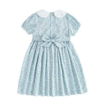 Curipeer Little Girls Summer Floral Dress Handmade Smocking Short Sleeve Summer Beach Dress Blue 12M