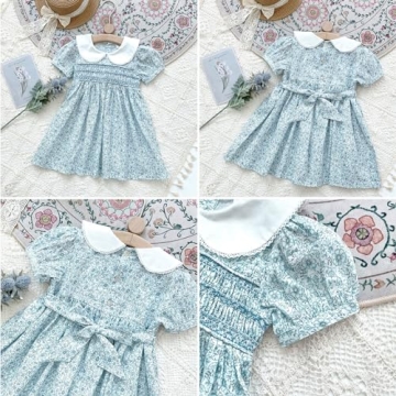 Curipeer Little Girls Summer Floral Dress Handmade Smocking Short Sleeve Summer Beach Dress Blue 12M