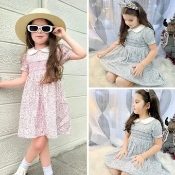 Curipeer Little Girls Summer Floral Dress Handmade Smocking Short Sleeve Summer Beach Dress Blue 12M