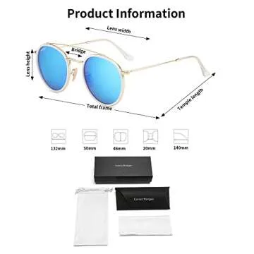 CONRAD RONTGEN Retro Round Sunglasses for Women Men Double Bridge UV400 Protection Gold Frame Ice Blue Lens
