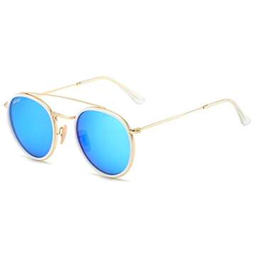 CONRAD RONTGEN Retro Round Sunglasses for Women Men Double Bridge UV400 Protection Gold Frame Ice Blue Lens