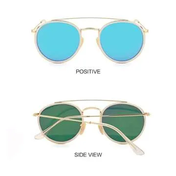 CONRAD RONTGEN Retro Round Sunglasses for Women Men Double Bridge UV400 Protection Gold Frame Ice Blue Lens