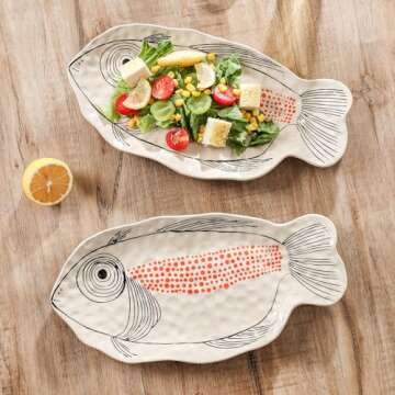 Cute Ceramic Fish Platters Set of 4- 14.5-Inch Sushi & Snack Plates, Fashion Dinnerware, Microwave &...