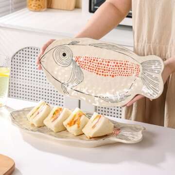 Cute Ceramic Fish Platters Set of 4- 14.5-Inch Sushi & Snack Plates, Fashion Dinnerware, Microwave & Oven Safe Serving Platters, Party & Restaurant Use, Funky Kitchen Trays for Appetizer Salad Dessert