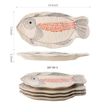 Cute Ceramic Fish Platters Set of 4- 14.5-Inch Sushi & Snack Plates, Fashion Dinnerware, Microwave & Oven Safe Serving Platters, Party & Restaurant Use, Funky Kitchen Trays for Appetizer Salad Dessert