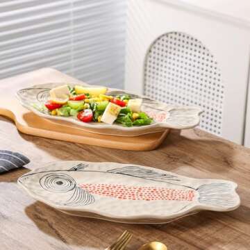 Cute Ceramic Fish Platters Set of 4- 14.5-Inch Sushi & Snack Plates, Fashion Dinnerware, Microwave & Oven Safe Serving Platters, Party & Restaurant Use, Funky Kitchen Trays for Appetizer Salad Dessert