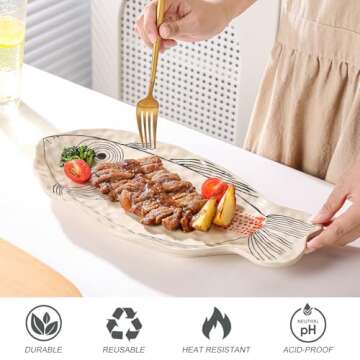 Cute Ceramic Fish Platters Set of 4- 14.5-Inch Sushi & Snack Plates, Fashion Dinnerware, Microwave & Oven Safe Serving Platters, Party & Restaurant Use, Funky Kitchen Trays for Appetizer Salad Dessert