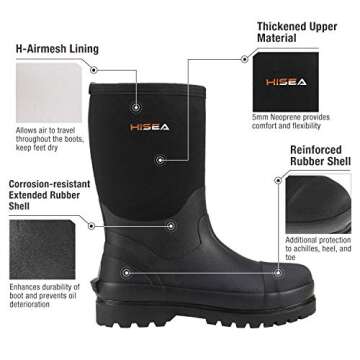 HISEA Rain Boots for Men, 5mm Neoprene Insulated Rain Shoes Waterproof Mid Calf Hunting Boots Durabl...