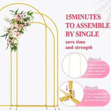Wokceer Wedding Arch Backdrop Stand 7.2FT, 6.6FT, 6FT Set of 3 Gold Metal Arch Backdrop Stand for Wedding Ceremony Baby Shower Birthday Party Decor