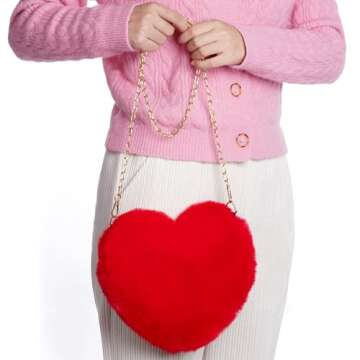 Miayon Heart Shaped Faux Fur Purse Fluffy Crossbody Bag Chain Shoulder Bag Cute Clutch Halloween Christmas Valentine for Women and Girls (Red)