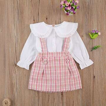 Kupretty Toddler Baby Girl Fall Winter Clothes Solid Button Down Shirt Tops Pink Plaid Suspender Ski...