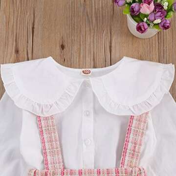 Kupretty Toddler Baby Girl Fall Winter Clothes Solid Button Down Shirt Tops Pink Plaid Suspender Skirts Outfits (White Tops Plaid Overall Dress Set, 2-3T)