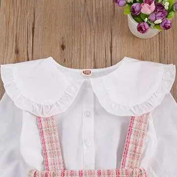 Kupretty Toddler Baby Girl Fall Winter Clothes Solid Button Down Shirt Tops Pink Plaid Suspender Skirts Outfits (White Tops Plaid Overall Dress Set, 2-3T)