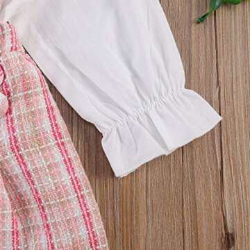 Kupretty Toddler Baby Girl Fall Winter Clothes Solid Button Down Shirt Tops Pink Plaid Suspender Skirts Outfits (White Tops Plaid Overall Dress Set, 2-3T)