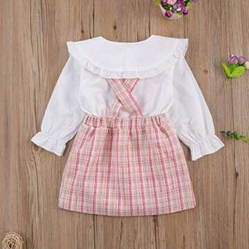 Kupretty Toddler Baby Girl Fall Winter Clothes Solid Button Down Shirt Tops Pink Plaid Suspender Skirts Outfits (White Tops Plaid Overall Dress Set, 2-3T)