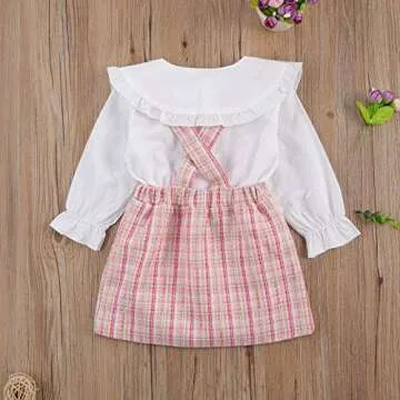Kupretty Toddler Baby Girl Fall Winter Clothes Solid Button Down Shirt Tops Pink Plaid Suspender Skirts Outfits (White Tops Plaid Overall Dress Set, 2-3T)