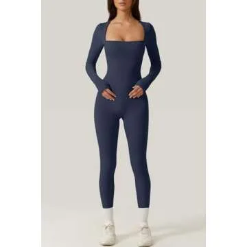 QINSEN Woman's Long Sleeve Square Neck Bodysuit Tummy Control Long Leggings Jumpsuit Navy M