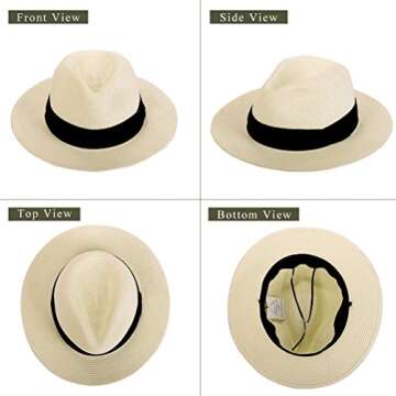 Anycosy Panama Straw Hats for Women Summer Beach Sun Hat Wide Brim Fedora Cap UPF50+(A01-Beige)