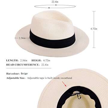 Anycosy Panama Straw Hats for Women Summer Beach Sun Hat Wide Brim Fedora Cap UPF50+(A01-Beige)