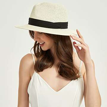 Anycosy Panama Straw Hats for Women Summer Beach Sun Hat Wide Brim Fedora Cap UPF50+(A01-Beige)