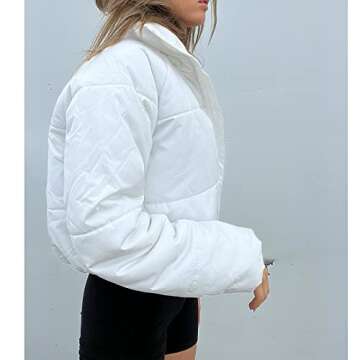 HEZIOWYUN Cropped Puffer Jackets for Women Quilted Lightweight Padded Stand Collar Zipper Coat Bomber Jacket (White,Small)