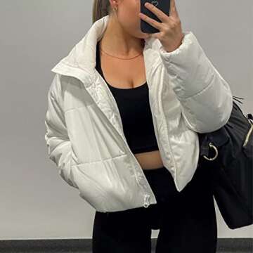 HEZIOWYUN Cropped Puffer Jackets for Women Quilted Lightweight Padded Stand Collar Zipper Coat Bomber Jacket (White,Small)